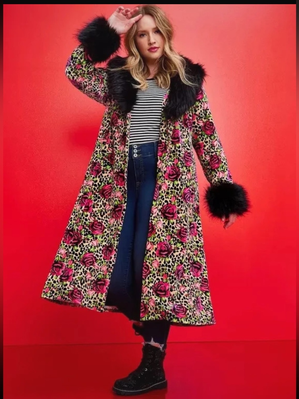 New Torrid Betsy Johnson Floral Leopard Faux-Fur Trim Long Coat - Pink